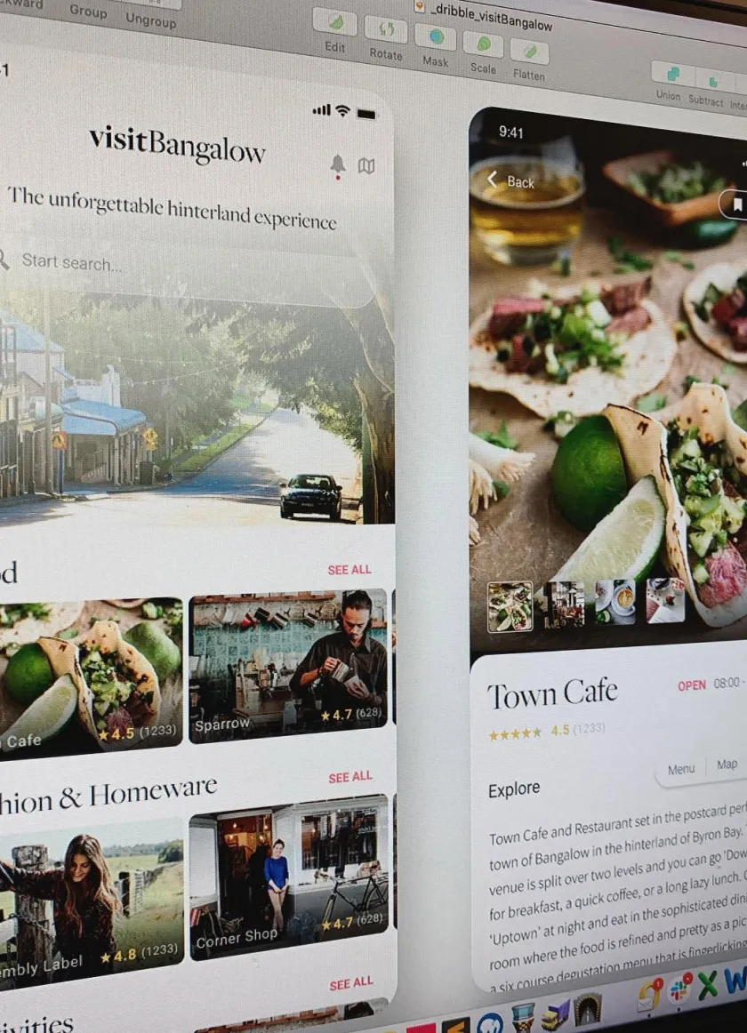 A computer screen displaying a website for 'visitBangalow' alongside a smartphone showing a food menu, depicting web and app design work