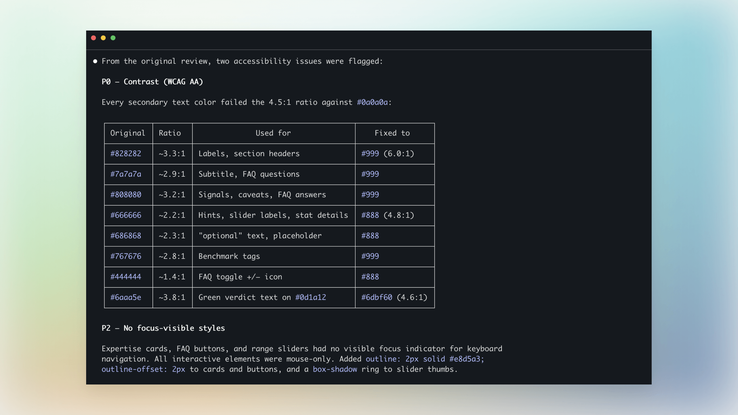 Screenshot of early prototype showing contrast audit failures