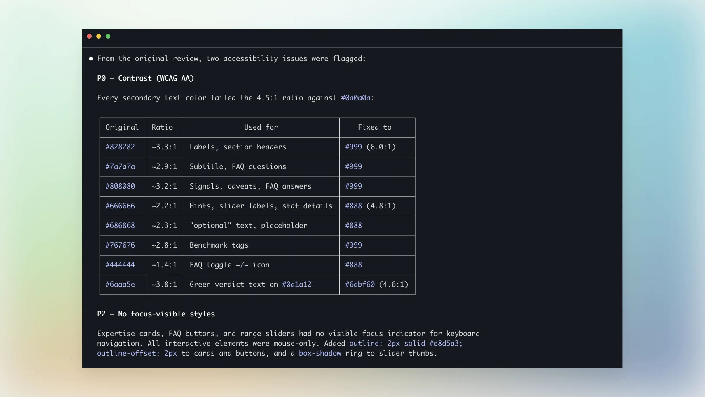 Screenshot of early prototype showing contrast audit failures