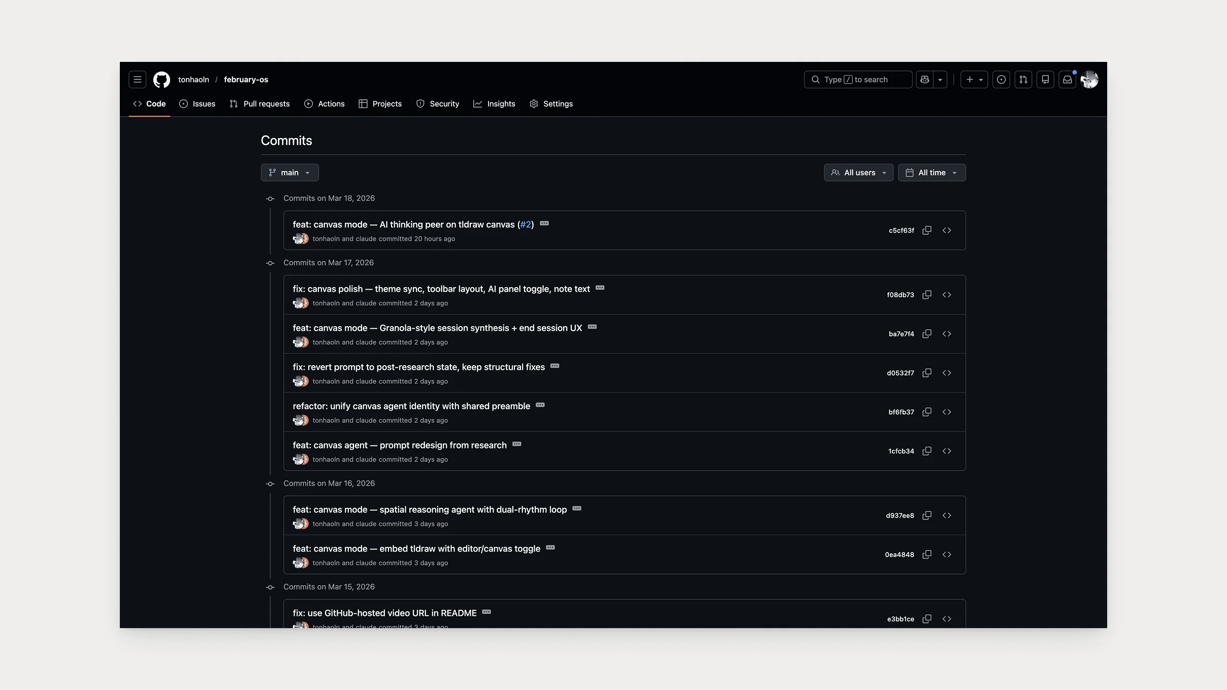 The february-os commit history on GitHub: canvas-mode commits from "AI thinking peer on tldraw canvas" through session synthesis, polish and prompt redesign