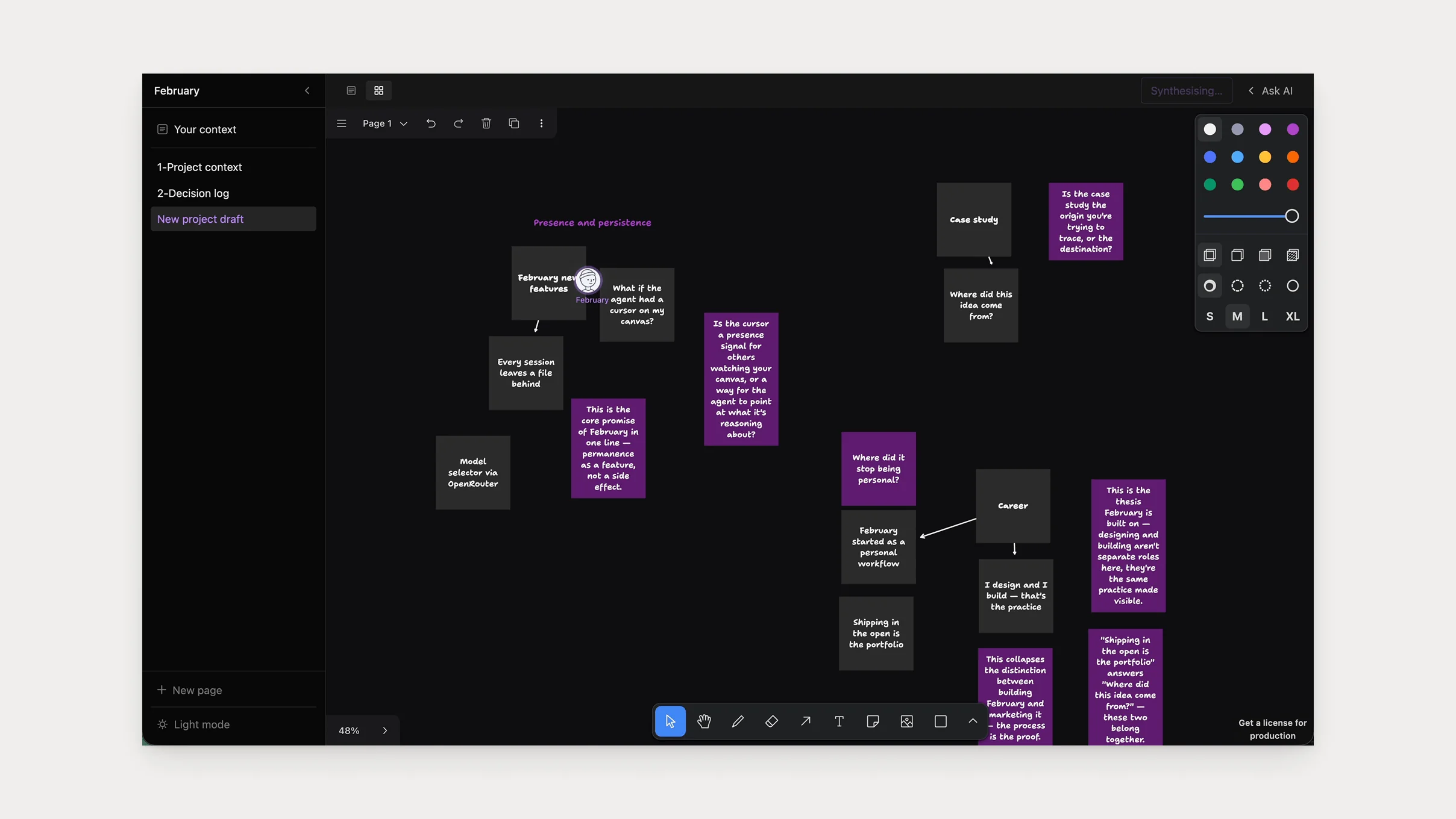 February's canvas mode: the agent's purple notes sit among the user's, grouping ideas and asking targeted questions like "Where did this idea come from?" instead of generating its own