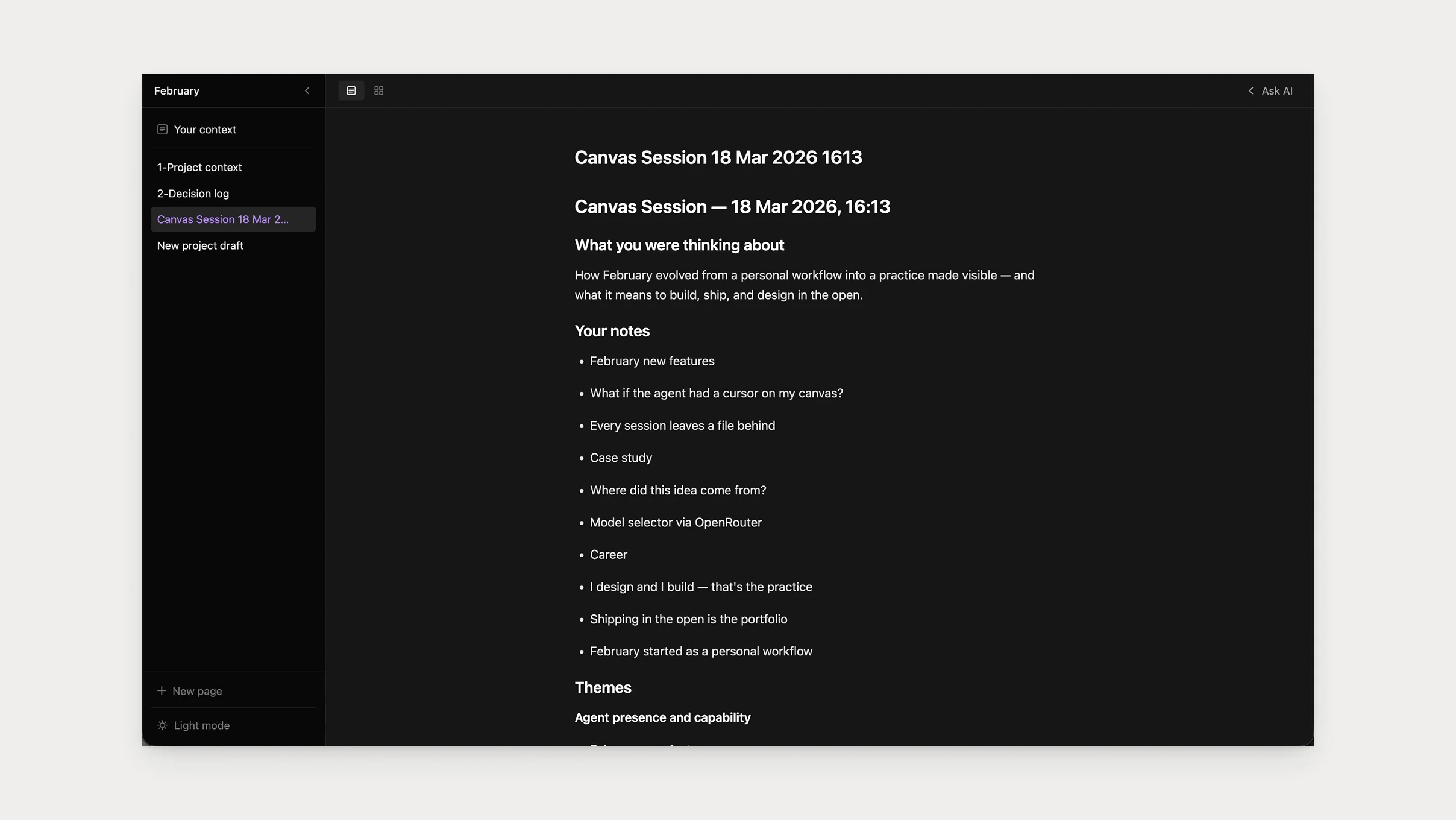 The synthesised session file in February: the user's sticky notes kept as the spine under "Your notes", with the AI's framing of the session and its themes around them