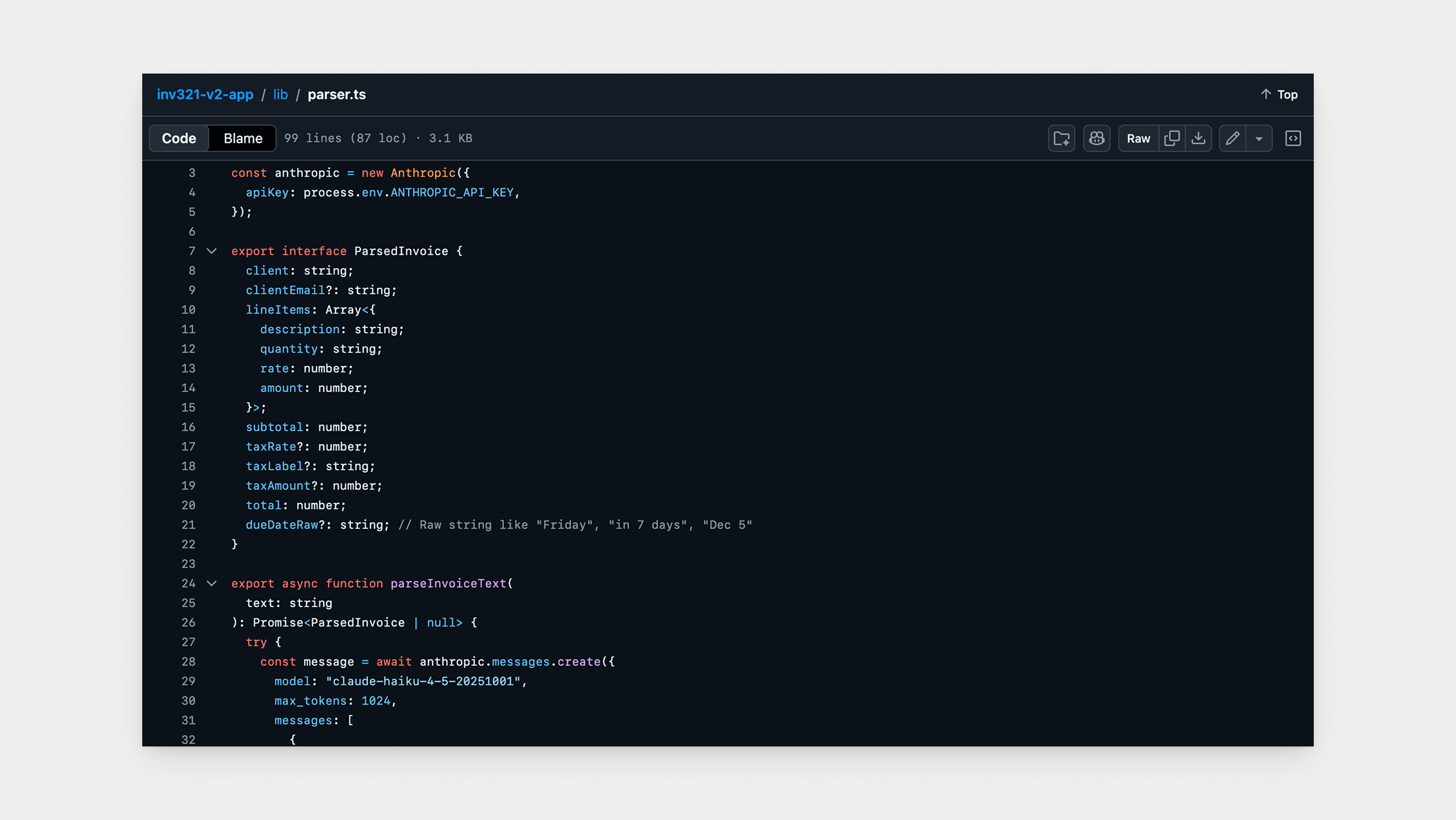 parser.ts: the ParsedInvoice interface, with the due date kept as the raw string the user typed — "Friday", "in 7 days", "Dec 5" — for the code to calculate