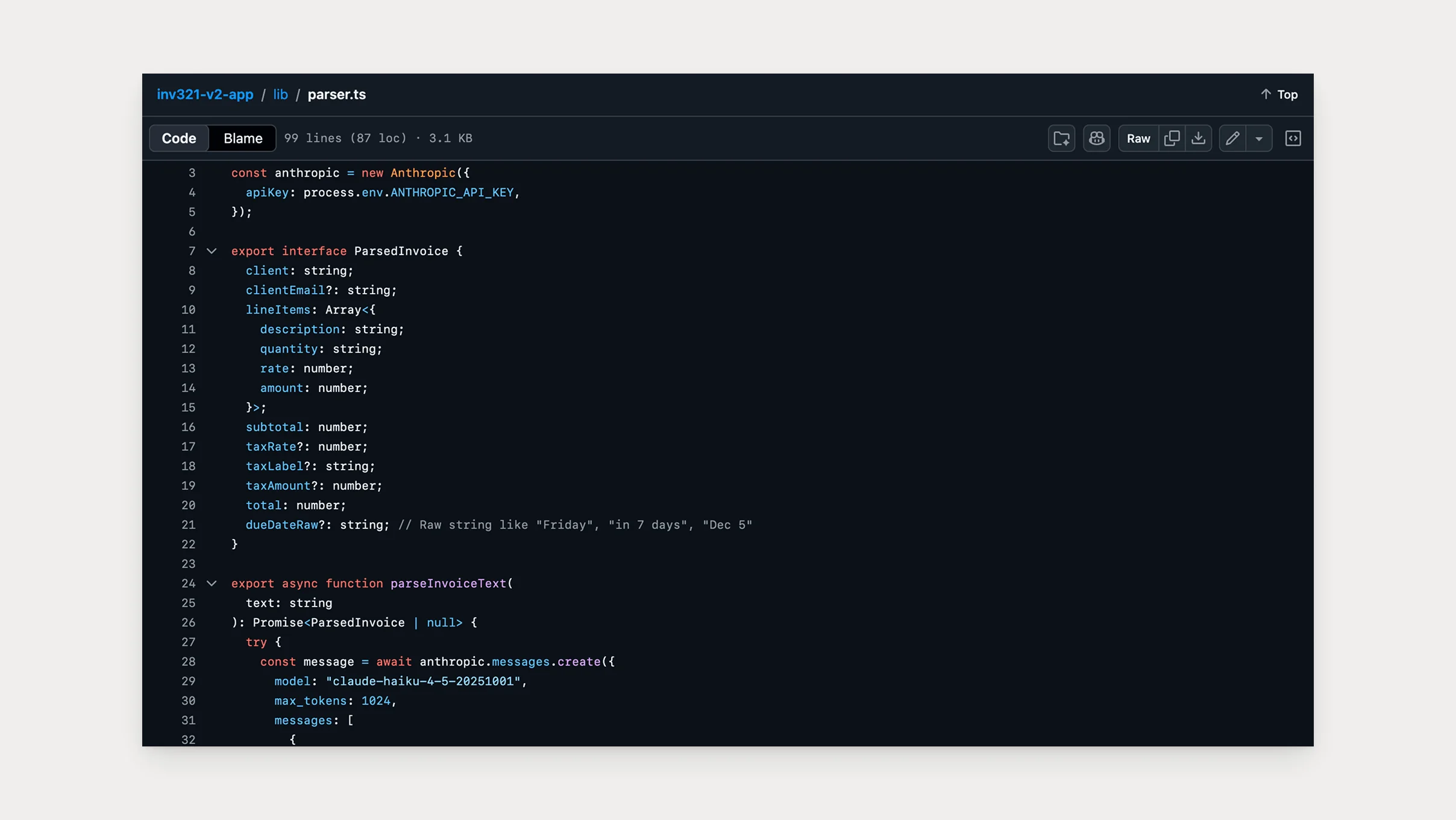 parser.ts: the ParsedInvoice interface, with the due date kept as the raw string the user typed — "Friday", "in 7 days", "Dec 5" — for the code to calculate