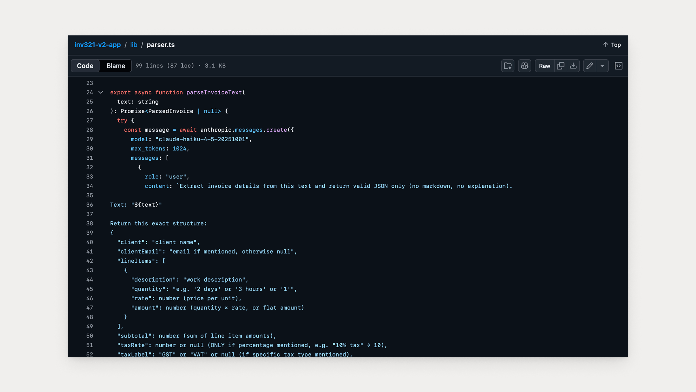 parser.ts: the Haiku prompt — extract invoice details from the text and return valid JSON only, in an exact structure, no calculation