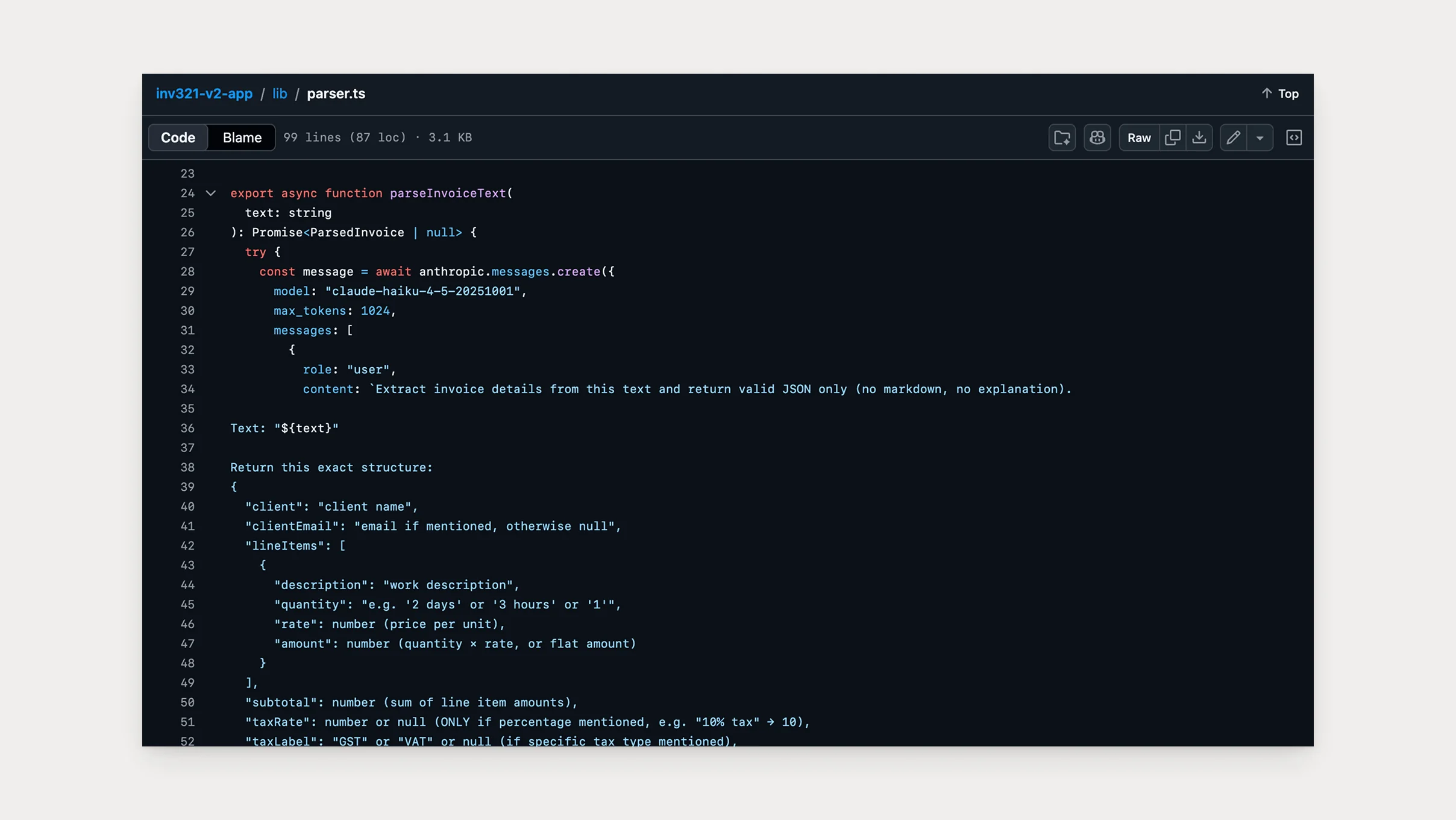 parser.ts: the Haiku prompt — extract invoice details from the text and return valid JSON only, in an exact structure, no calculation