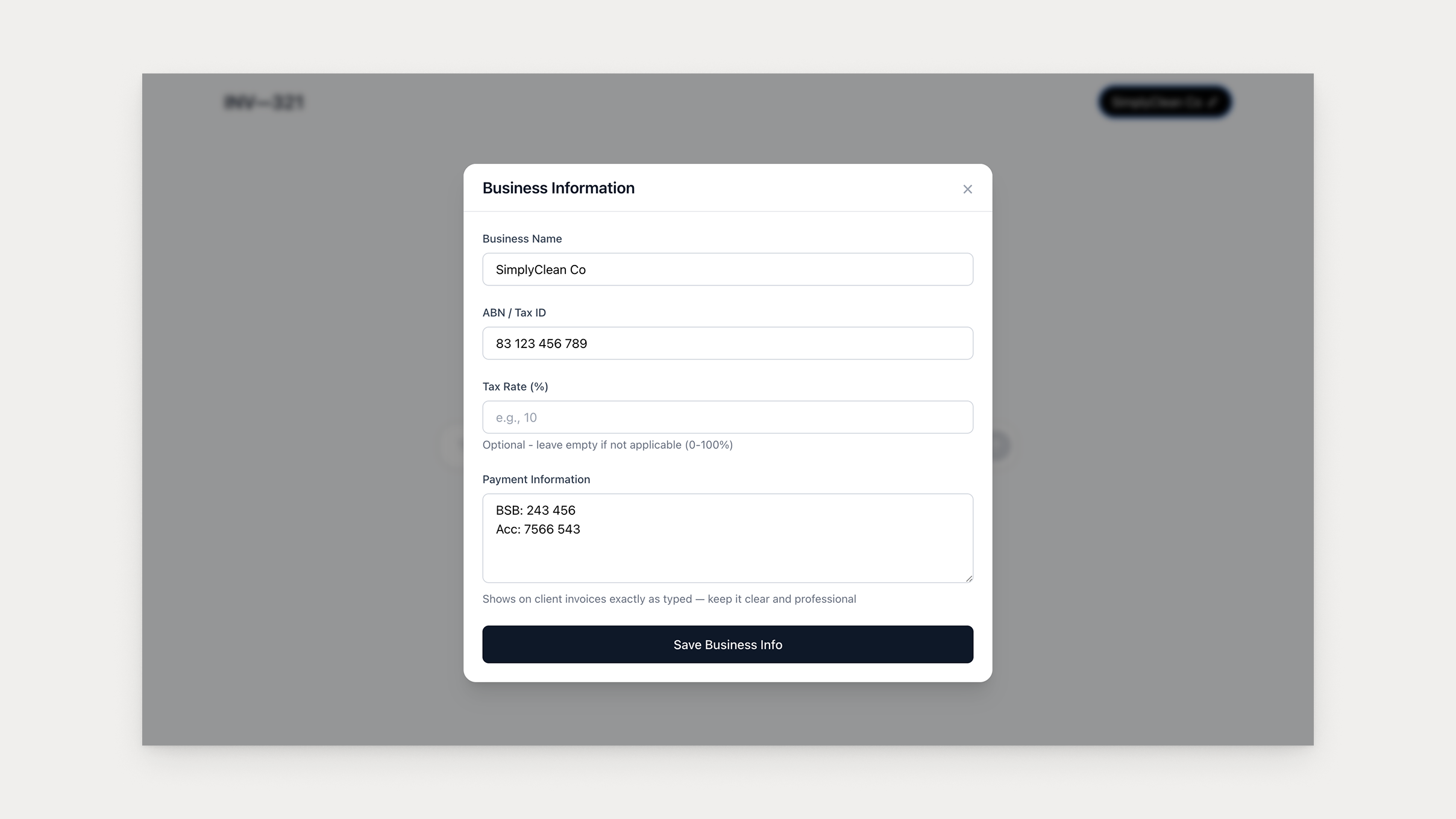 The Business Information modal: business name, ABN, tax rate and payment details in an overlay, with the chat surface dimmed behind it