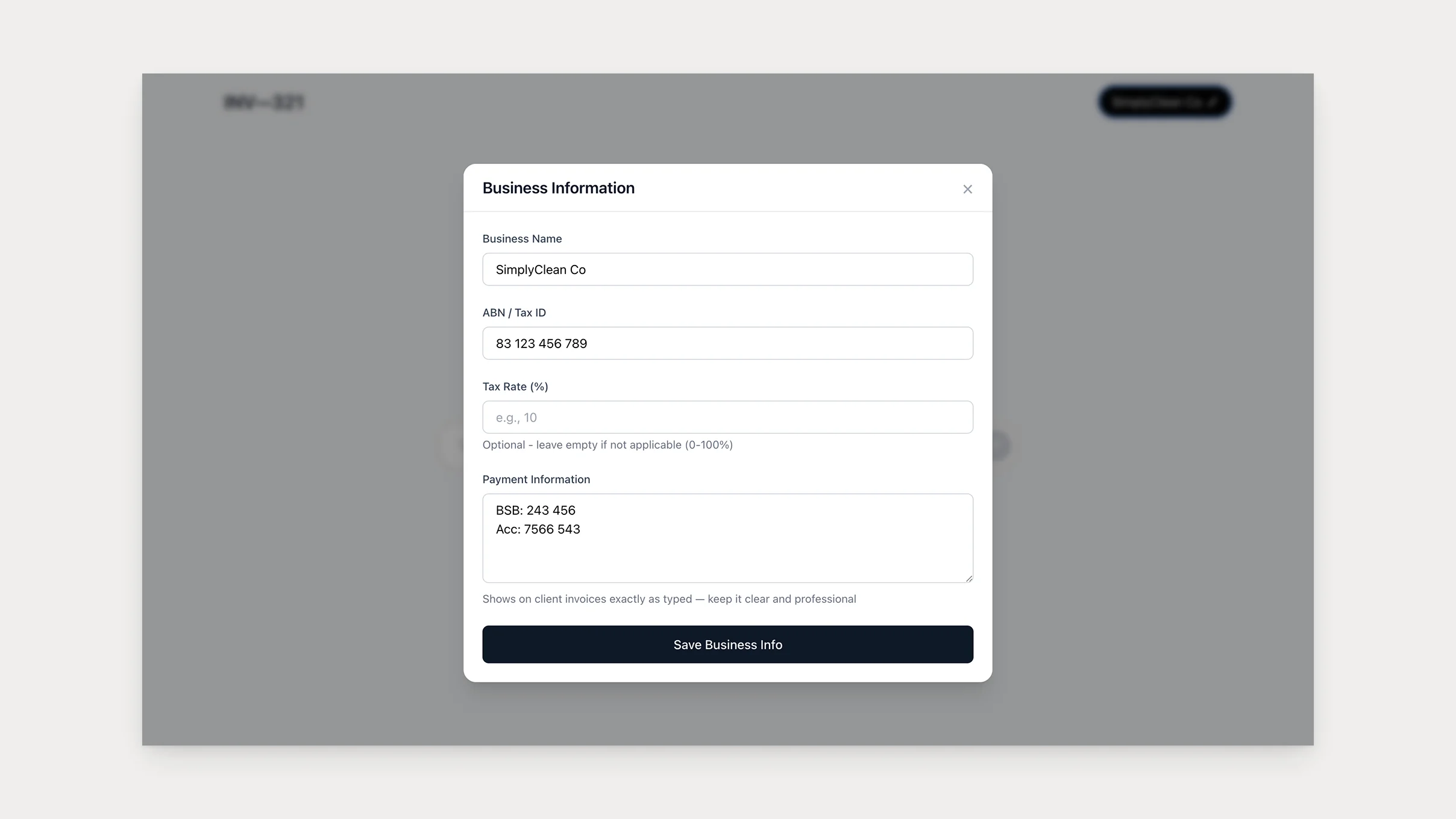 The Business Information modal: business name, ABN, tax rate and payment details in an overlay, with the chat surface dimmed behind it