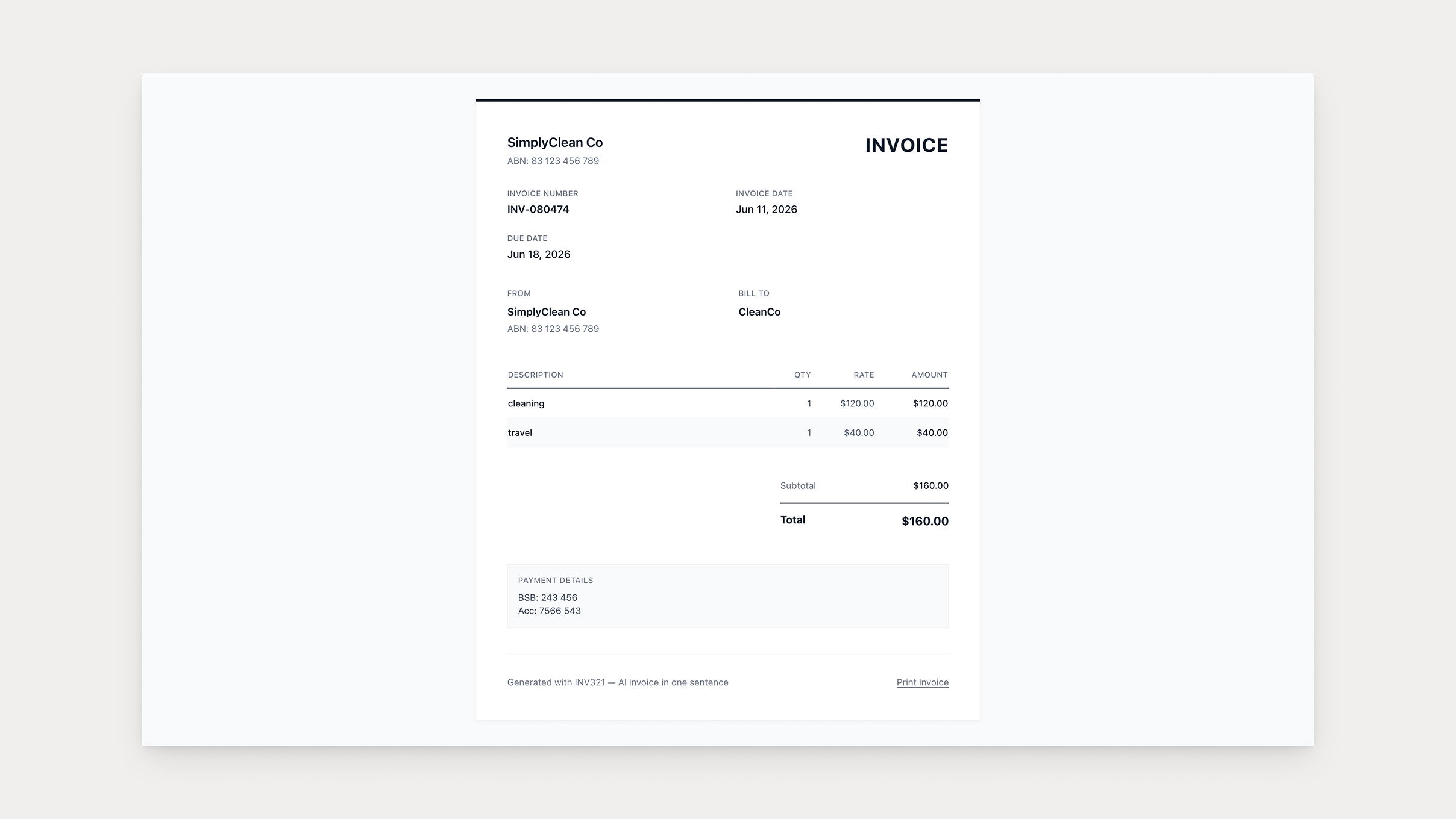 The finished invoice: line items, totals, payment details and a due date calculated in code — the thing you'd actually send to a client