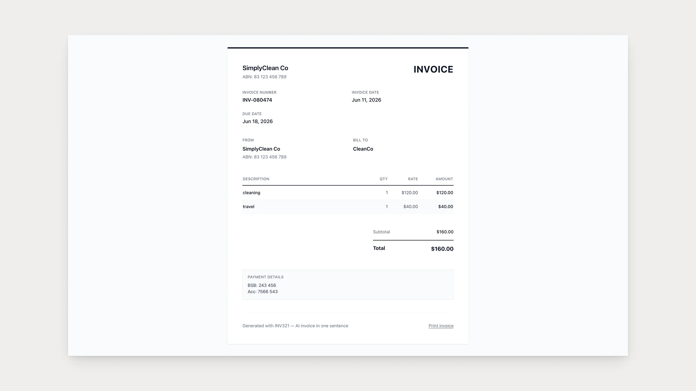 The finished invoice: line items, totals, payment details and a due date calculated in code — the thing you'd actually send to a client