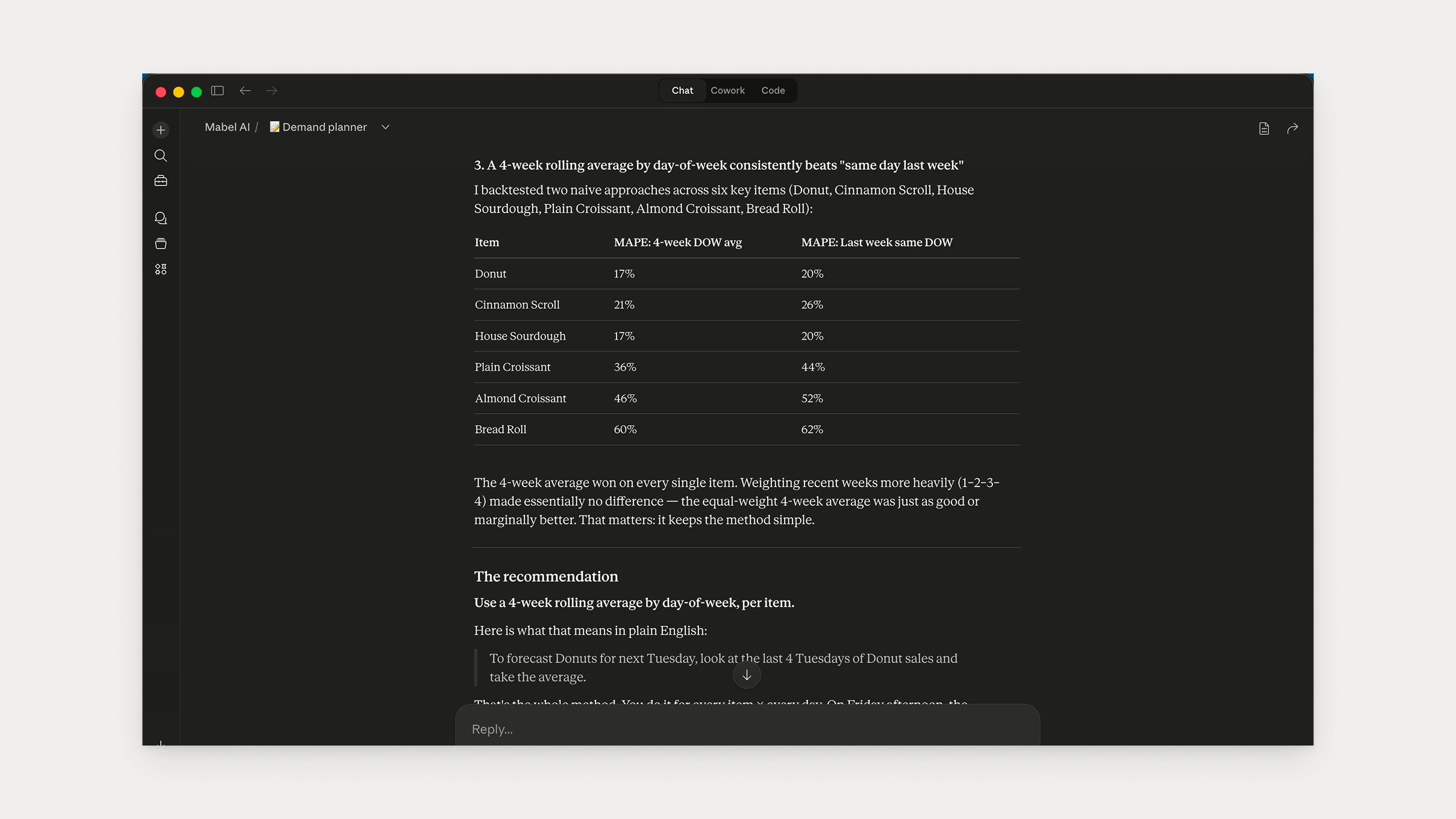 Rolling average for one product — four Tuesdays, one number