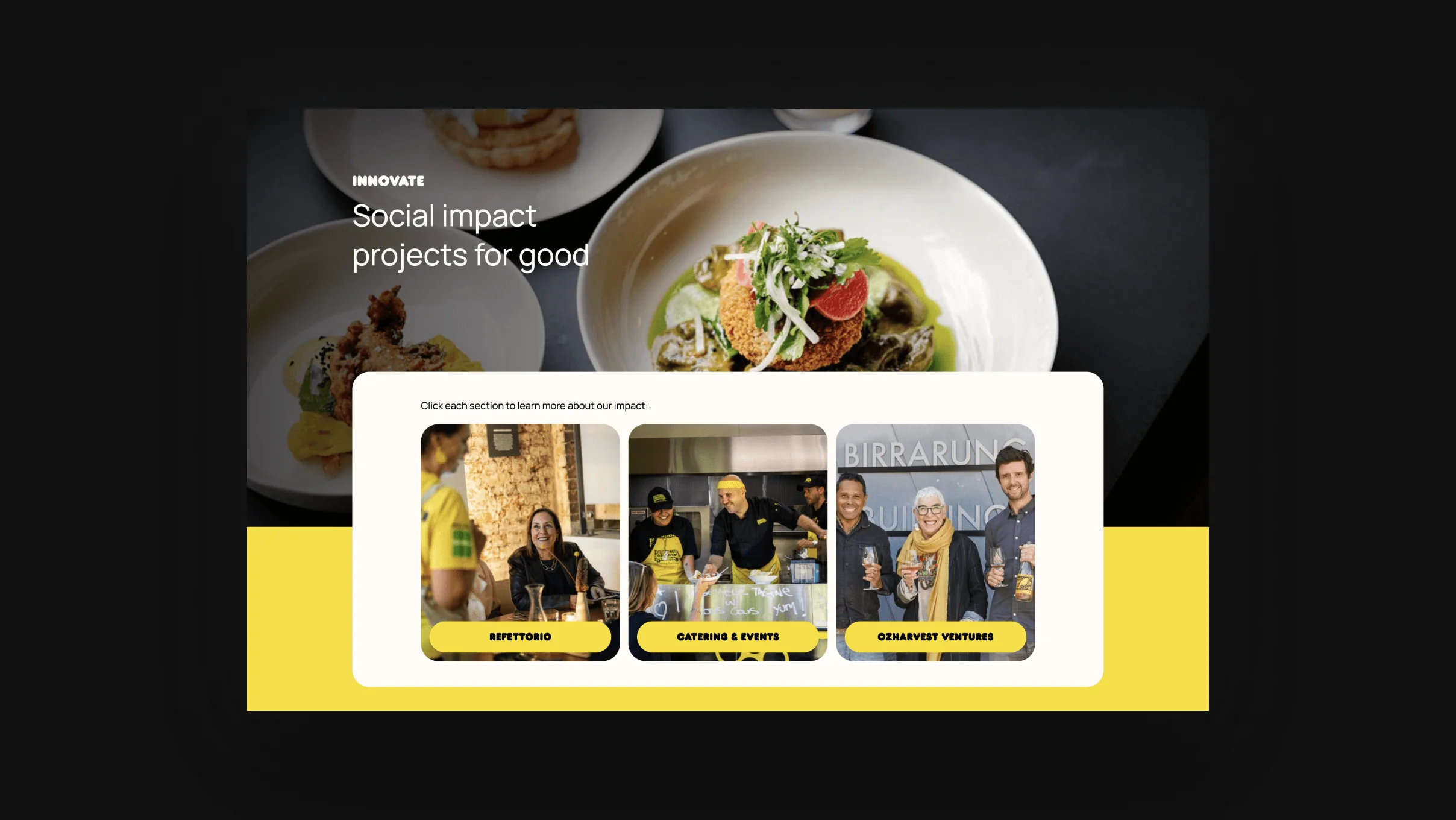 The Innovate pillar: "Social impact projects for good" over full-bleed food photography, with cards for Refettorio, Catering & Events and OzHarvest Ventures