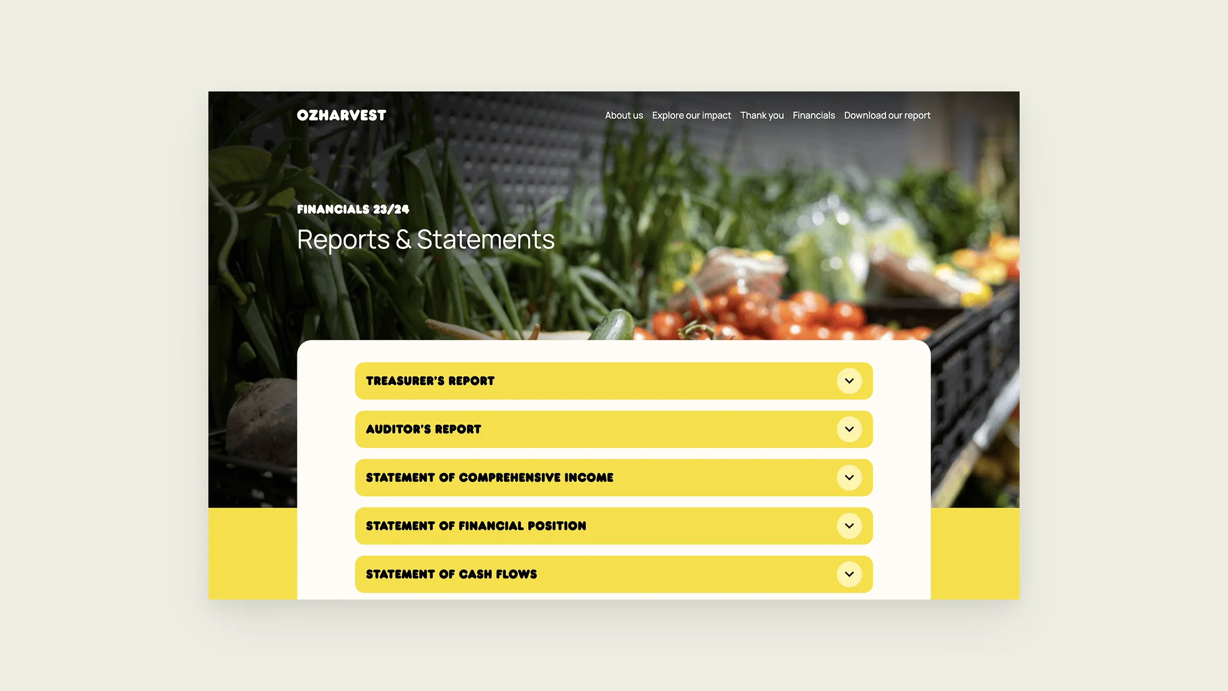 Reports & Statements: the financials as expandable rows — treasurer's report, auditor's report, income and cash flow statements — over rescued-produce photography