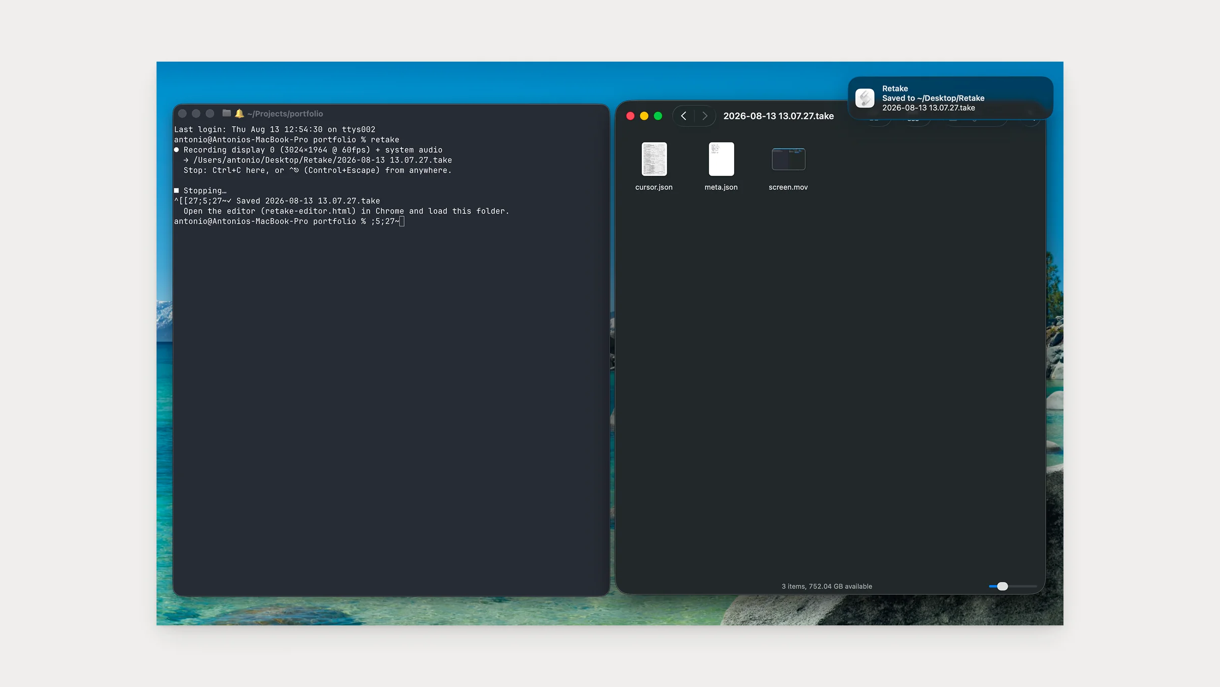 The whole recorder: a terminal with the retake command just run, beside the .take folder it wrote, holding the raw video, cursor data and click data
