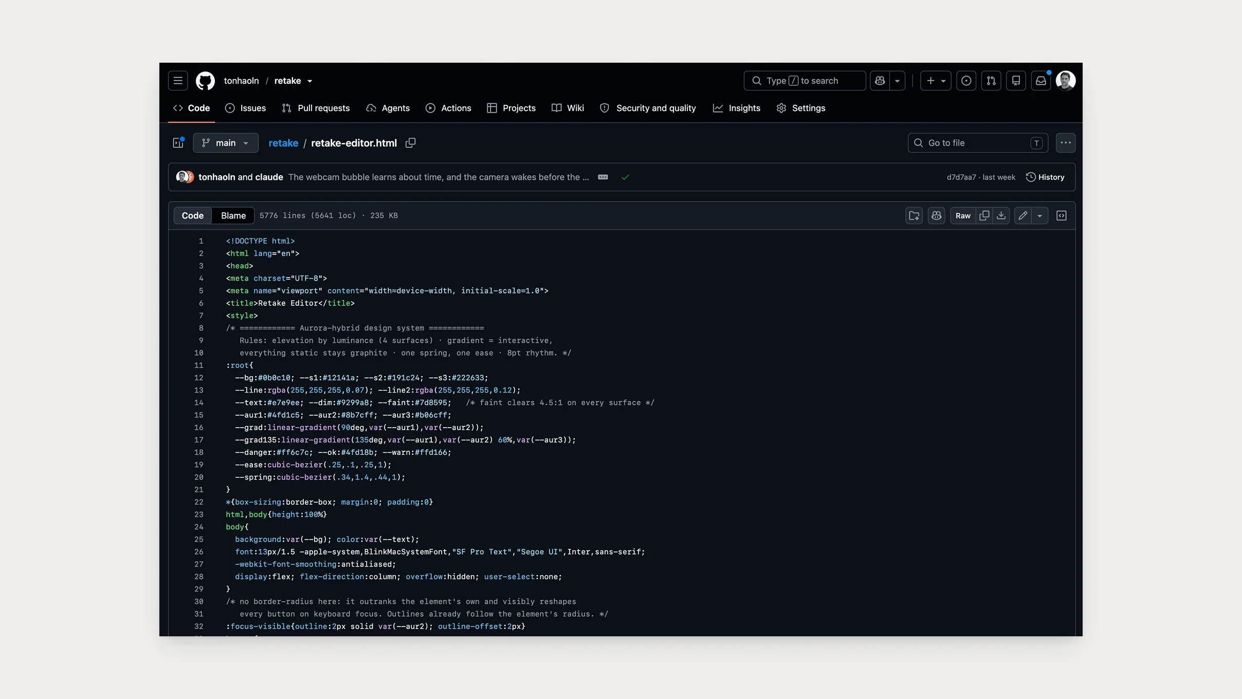 retake-editor.html open in a text editor, scrolled mid-file: the entire editor in one readable HTML file