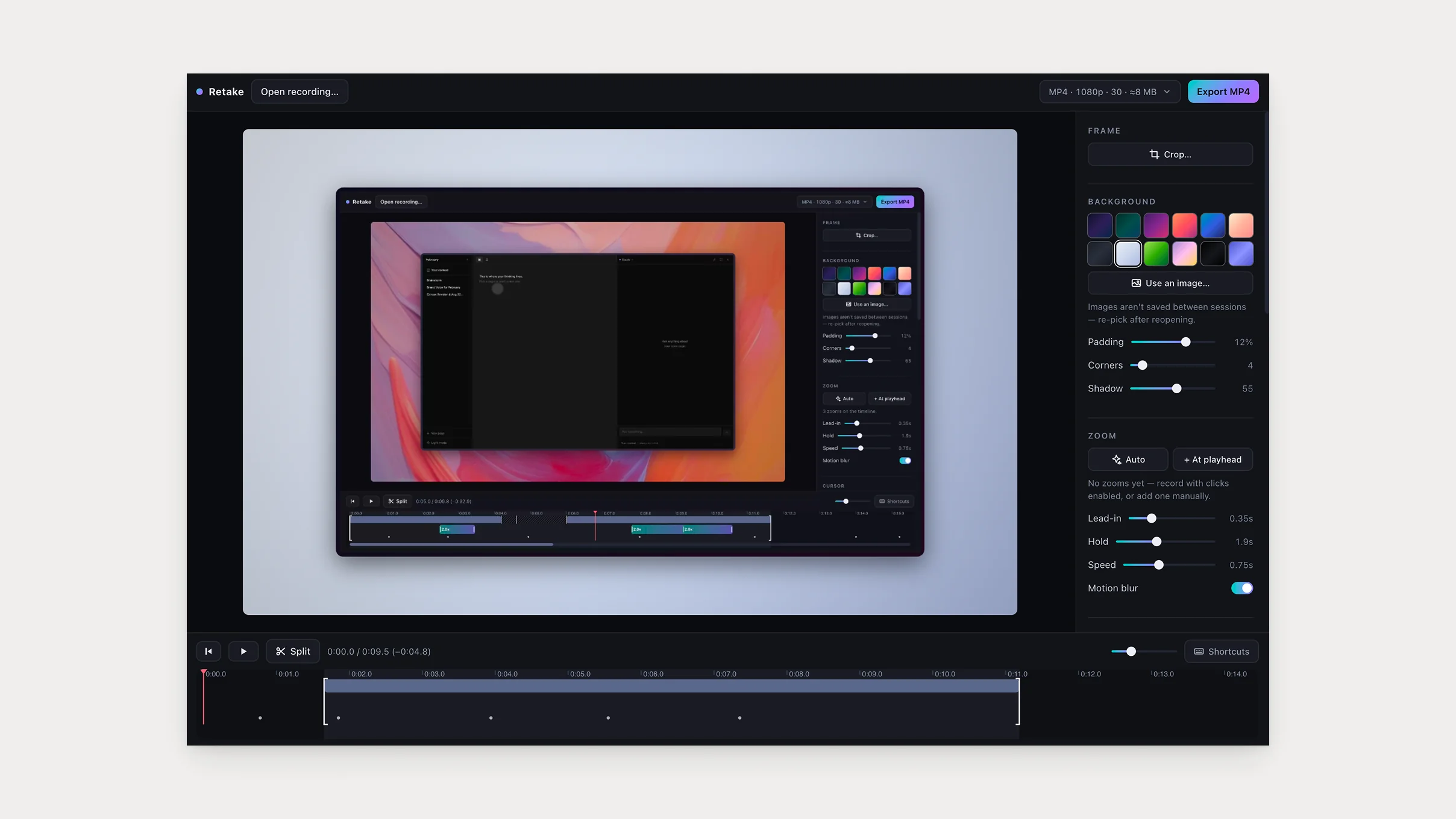 Retake's editor open on one of this article's own demos, mid-edit: the timeline holding the take you just watched