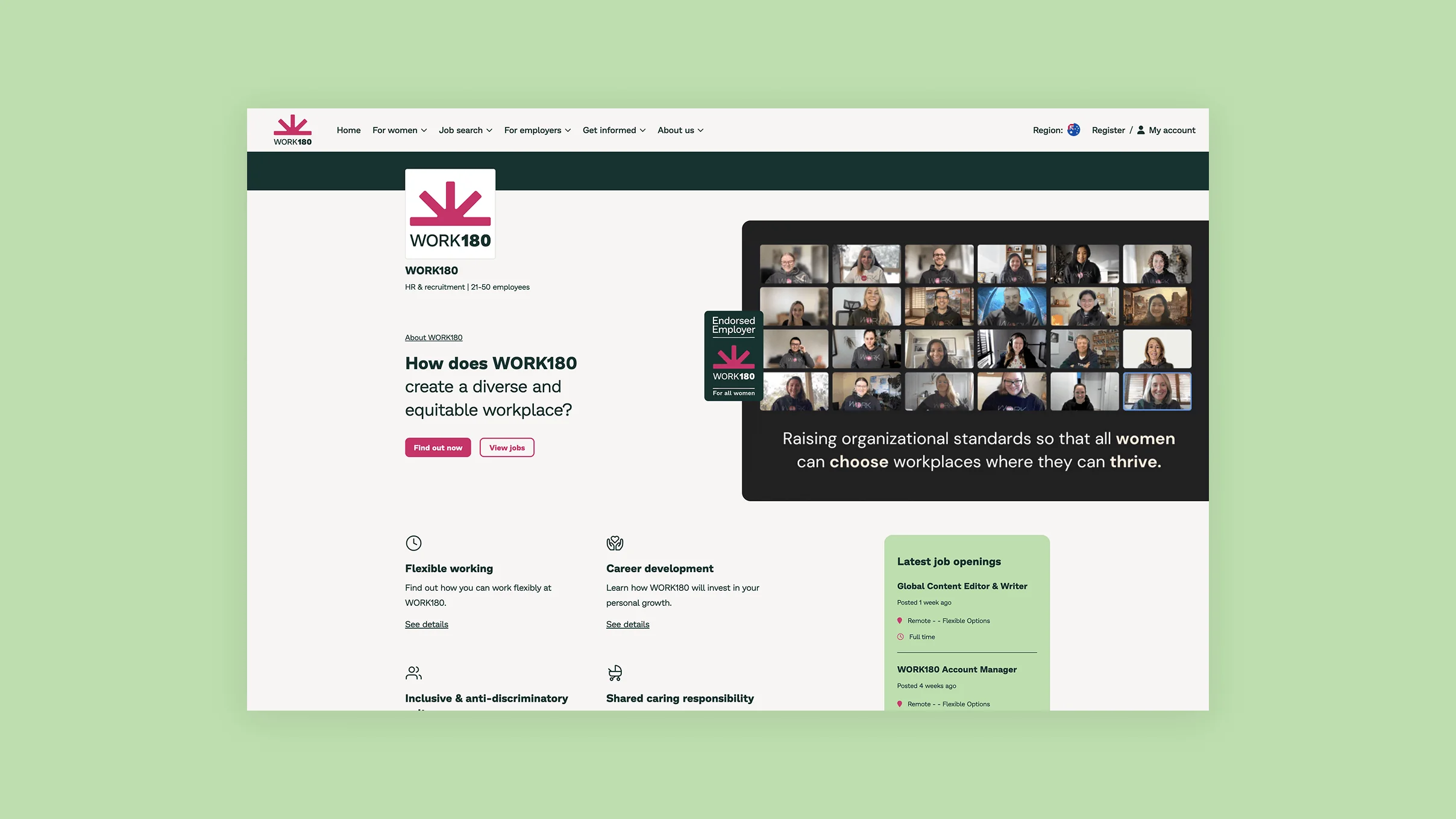 A WORK180 employer profile: the diversity question answered up front, benefit tiles like flexible working and career development, and latest job openings alongside